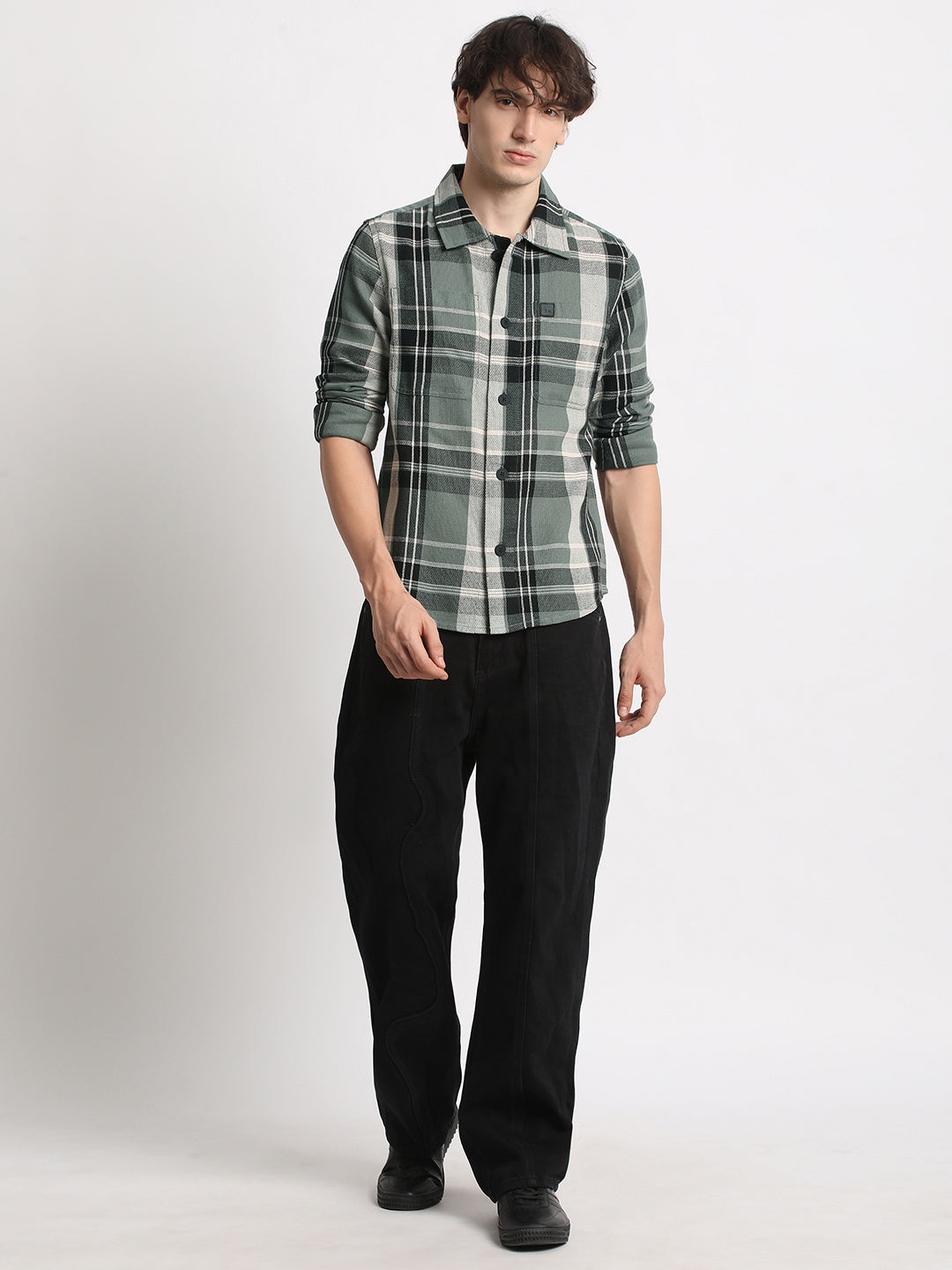 Men Green Checked Regular Fit Cotton Shacket