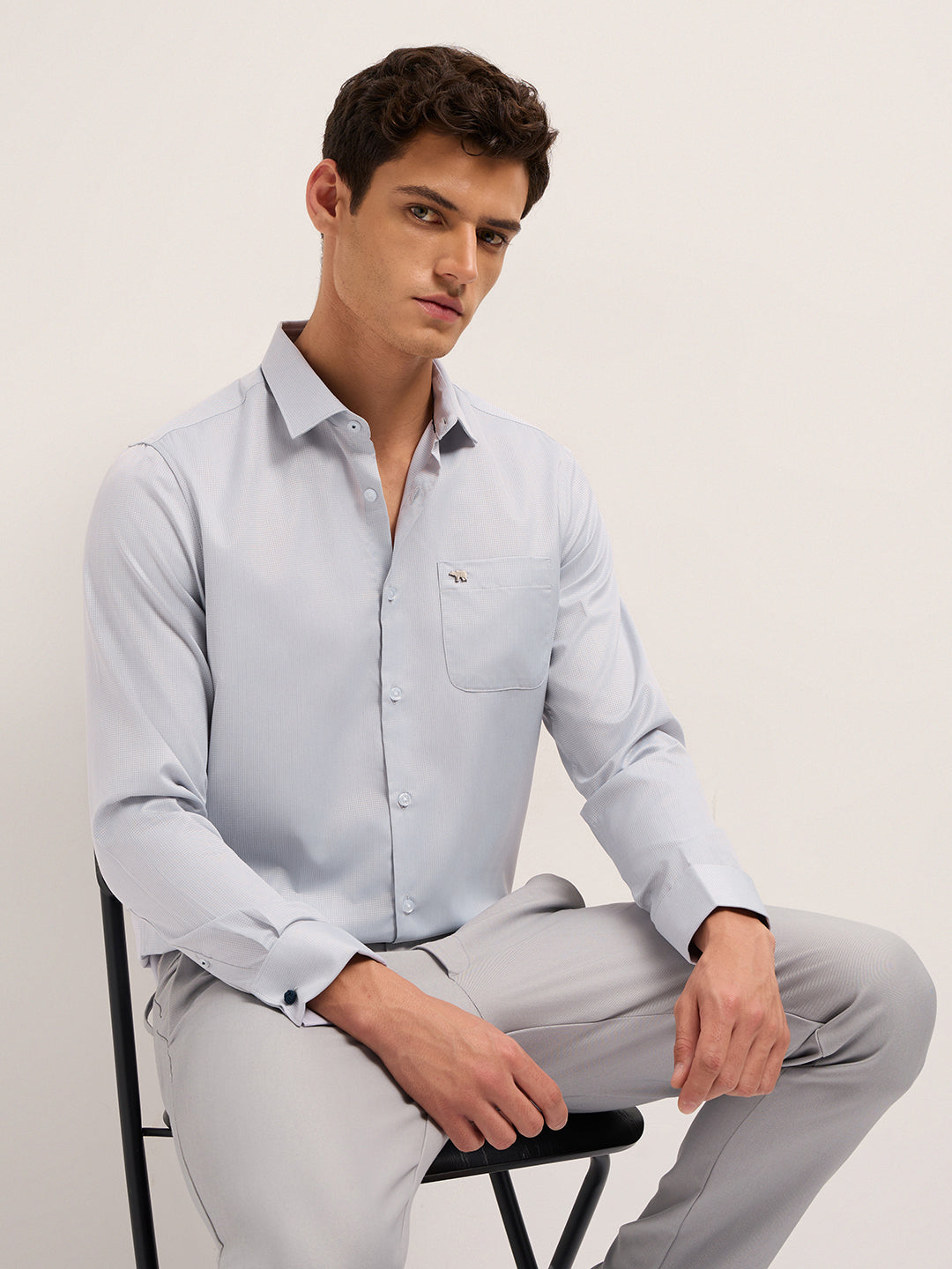 Men Grey Polyester Checked Shirt