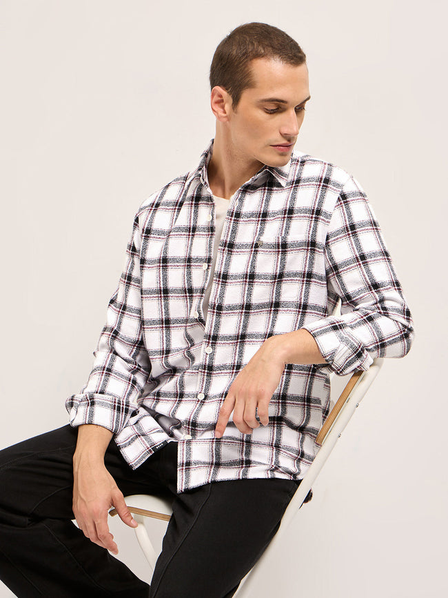 Men White Tartan Checked Flannel Slim Fit Casual Shirt