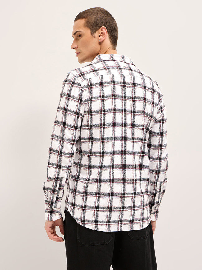 Men White Tartan Checked Flannel Slim Fit Casual Shirt