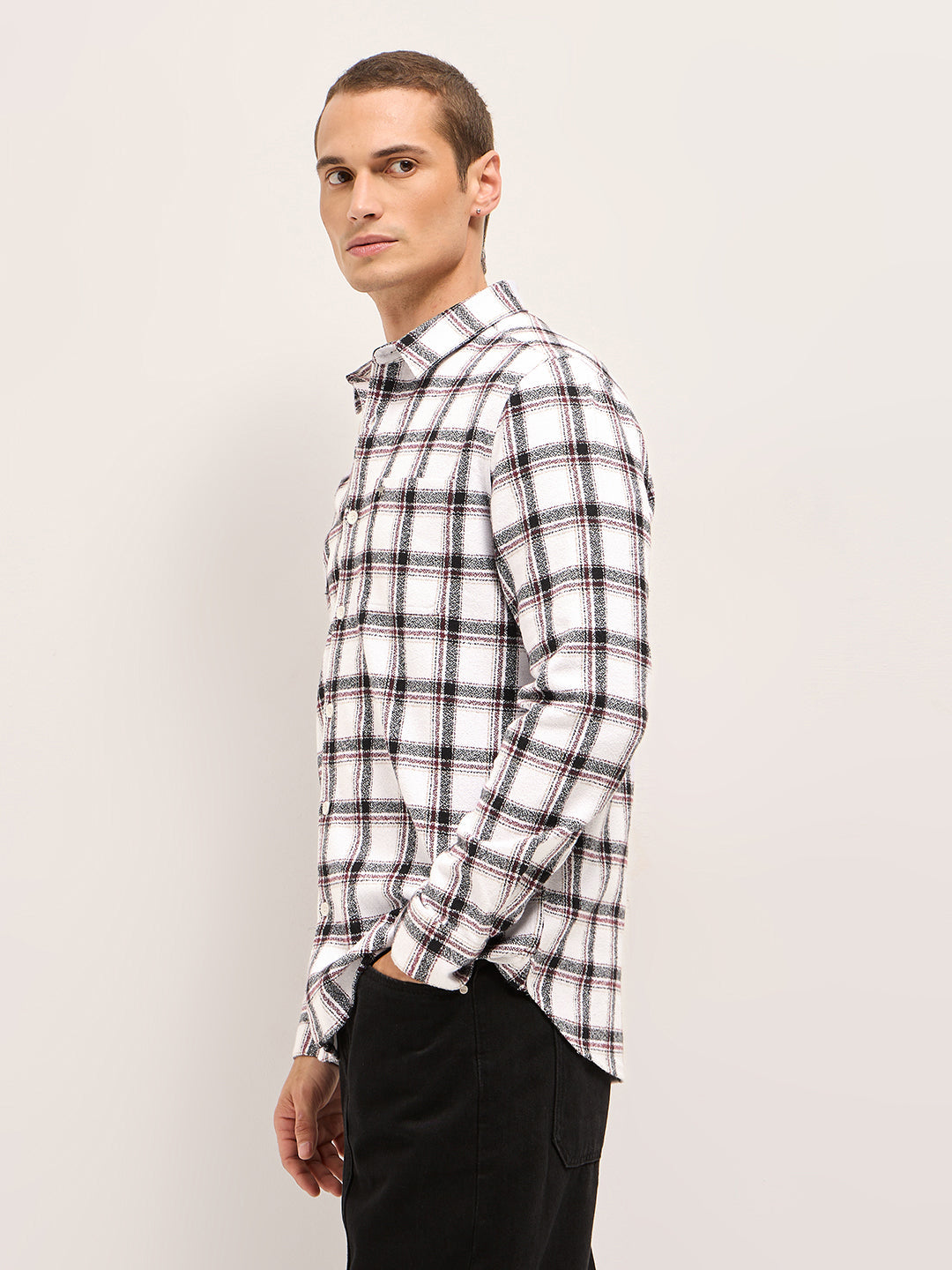 Men White Tartan Checked Flannel Slim Fit Casual Shirt