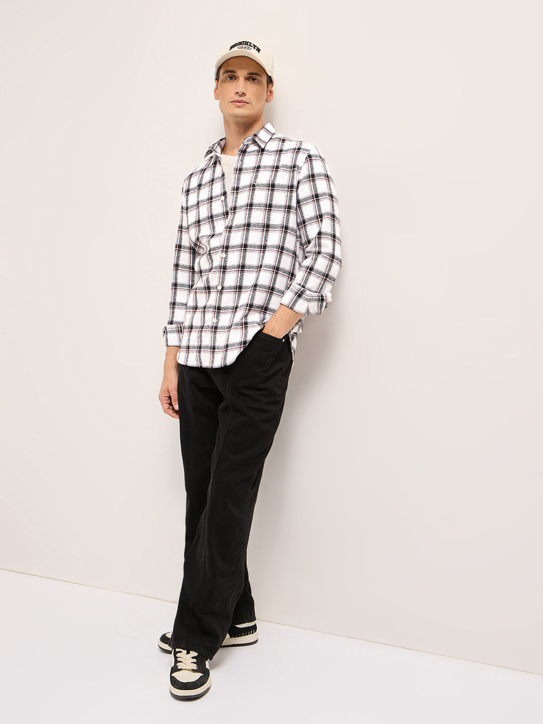 Men White Tartan Checked Flannel Slim Fit Casual Shirt