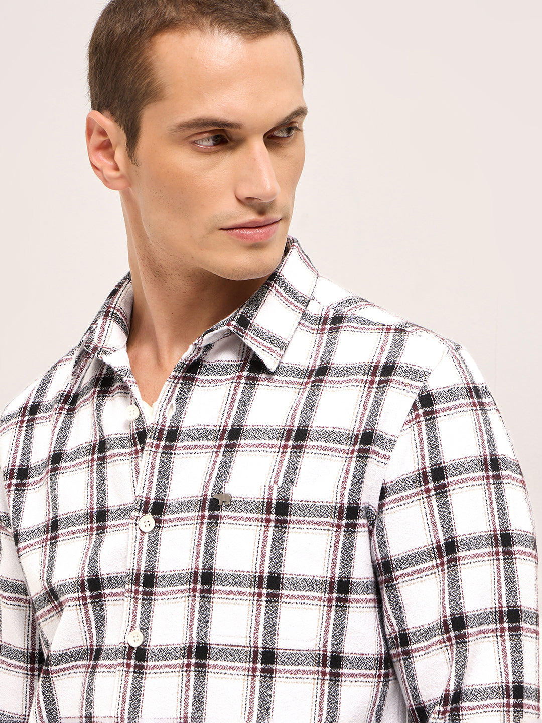 Men White Tartan Checked Flannel Slim Fit Casual Shirt