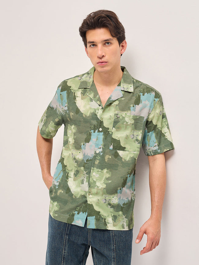 Men Green Abstract Camouflage Print Oversized Fit Half Sleeve Shirt