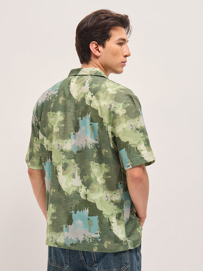 Men Green Abstract Camouflage Print Oversized Fit Half Sleeve Shirt