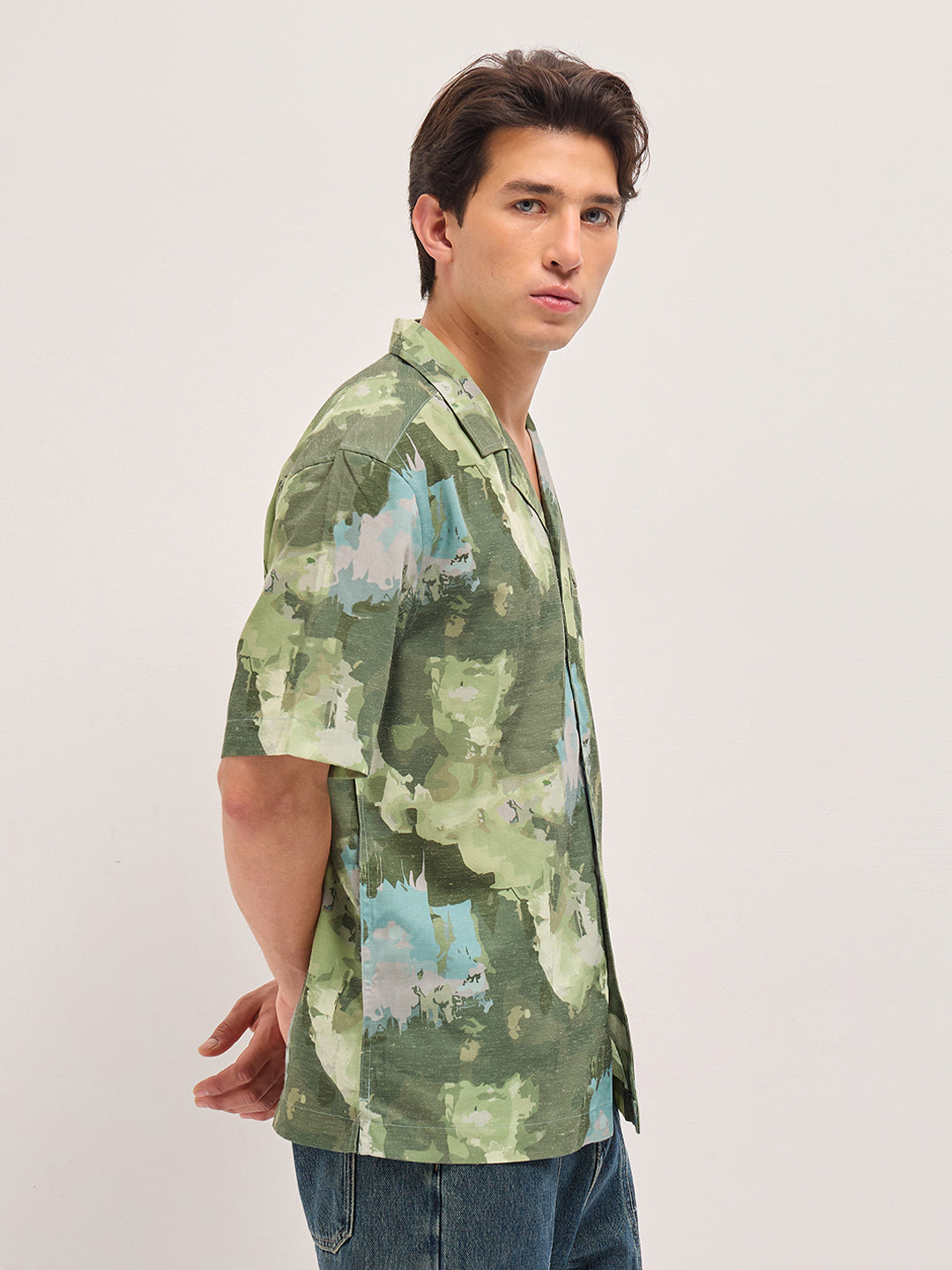 Men Green Abstract Camouflage Print Oversized Fit Half Sleeve Shirt