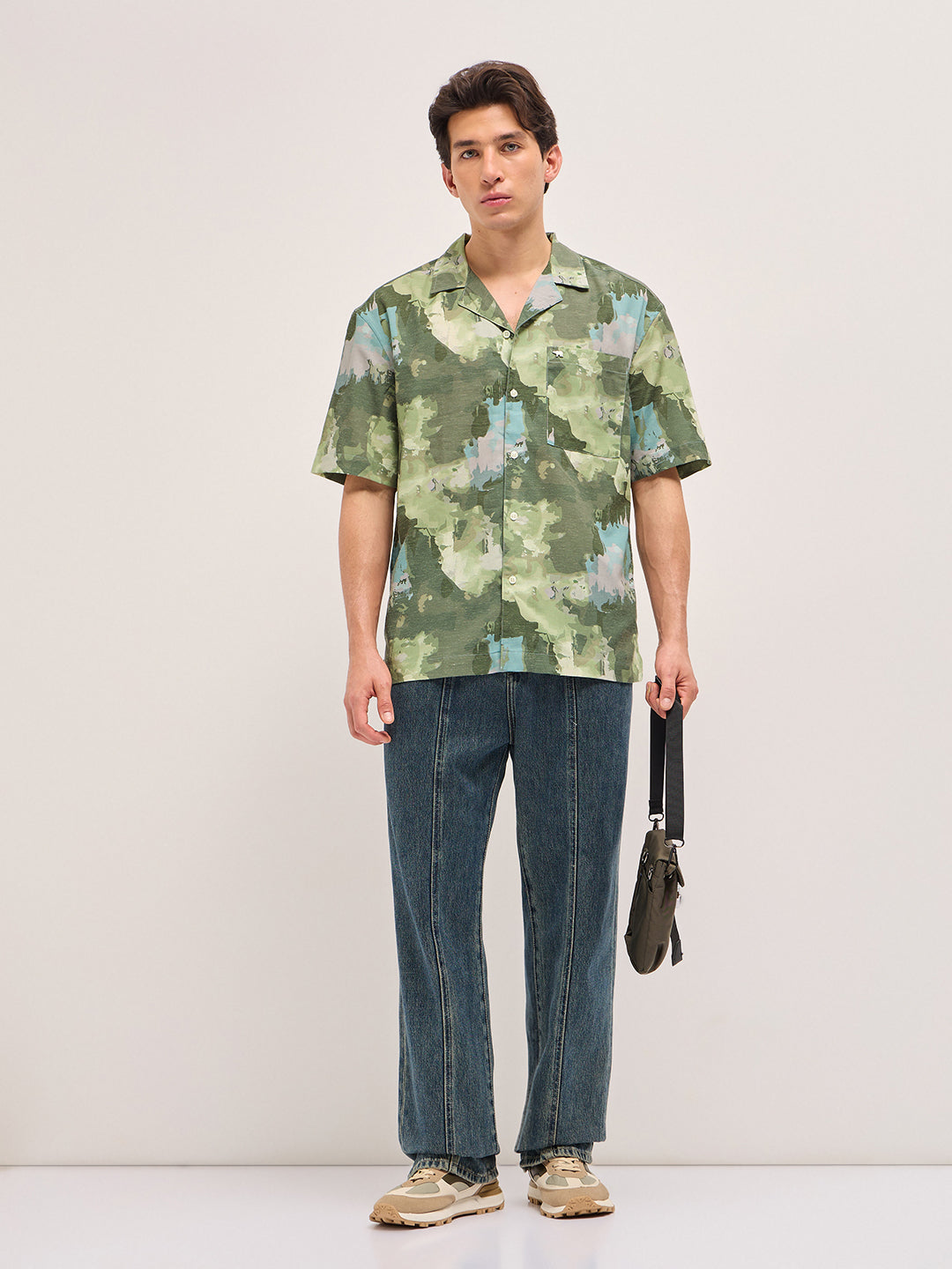 Men Green Abstract Camouflage Print Oversized Fit Half Sleeve Shirt