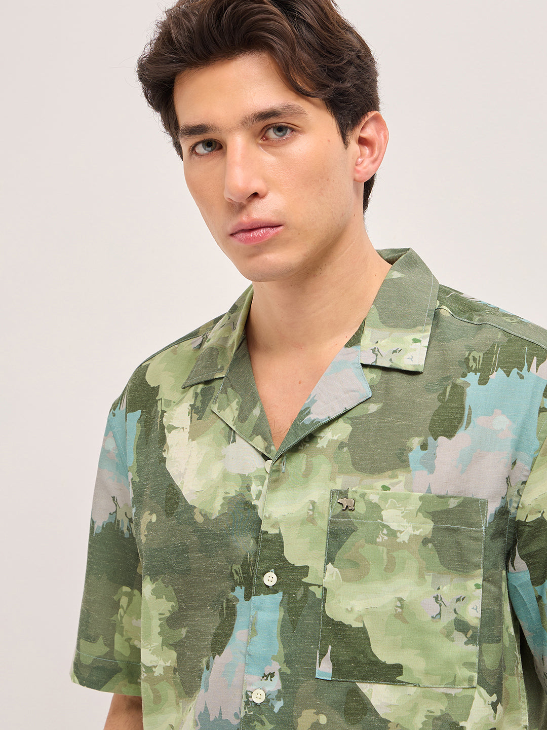 Men Green Abstract Camouflage Print Oversized Fit Half Sleeve Shirt