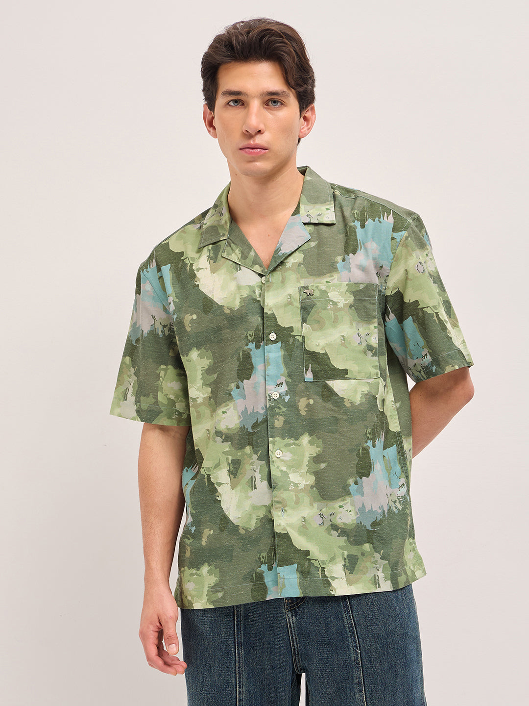 Men Green Abstract Camouflage Print Oversized Fit Half Sleeve Shirt