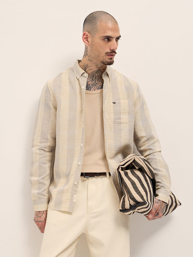 Men Cream Textured Stripe Slim Fit Casual Shirt