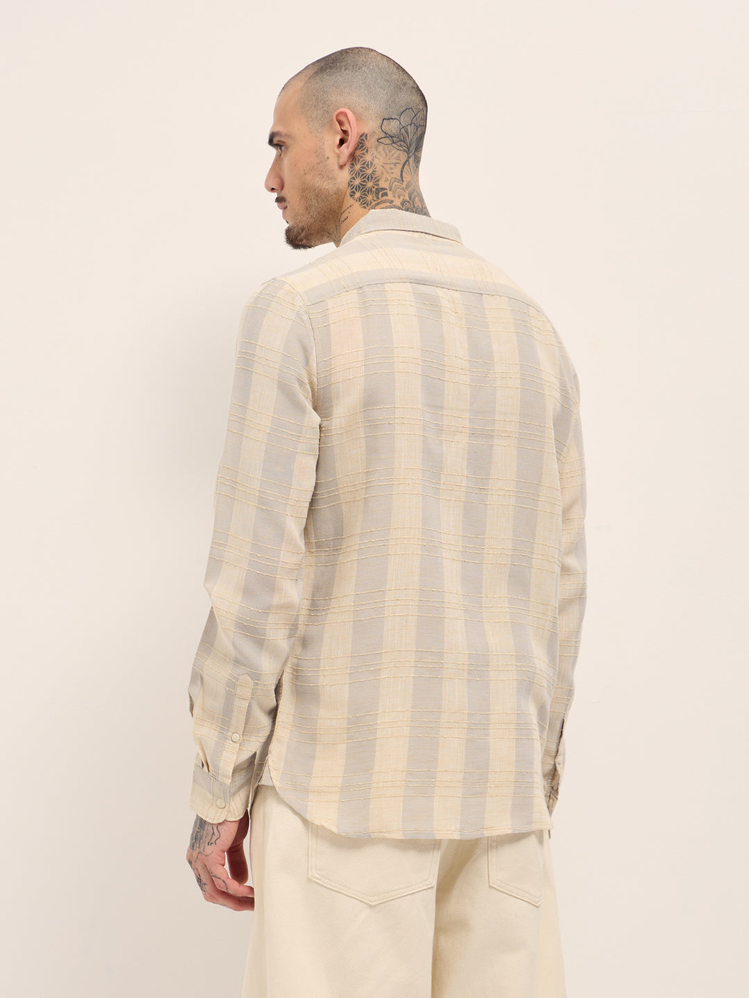 Men Cream Textured Stripe Slim Fit Casual Shirt