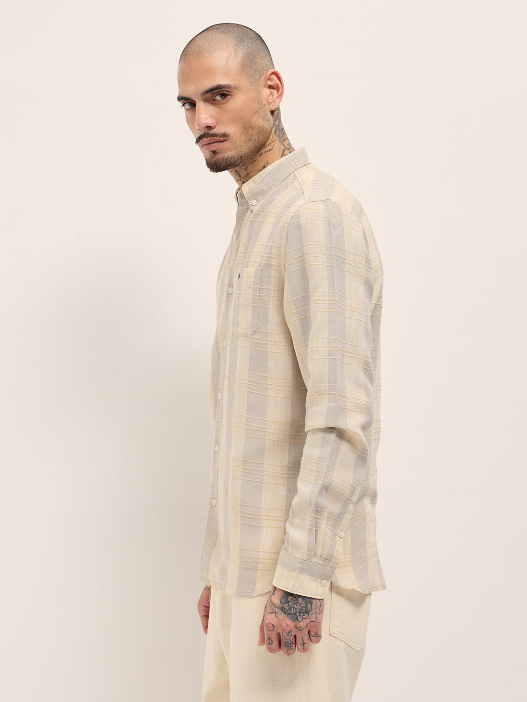 Men Cream Textured Stripe Slim Fit Casual Shirt