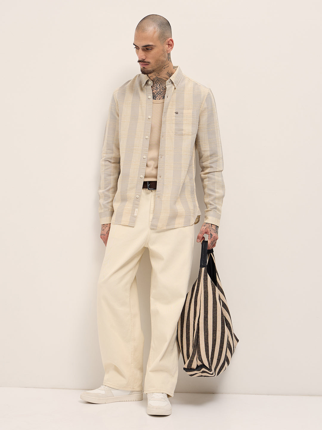 Men Cream Textured Stripe Slim Fit Casual Shirt