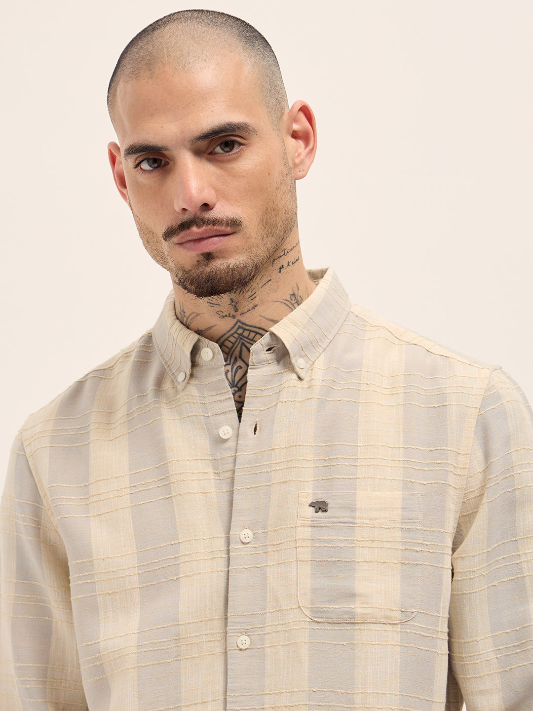 Men Cream Textured Stripe Slim Fit Casual Shirt