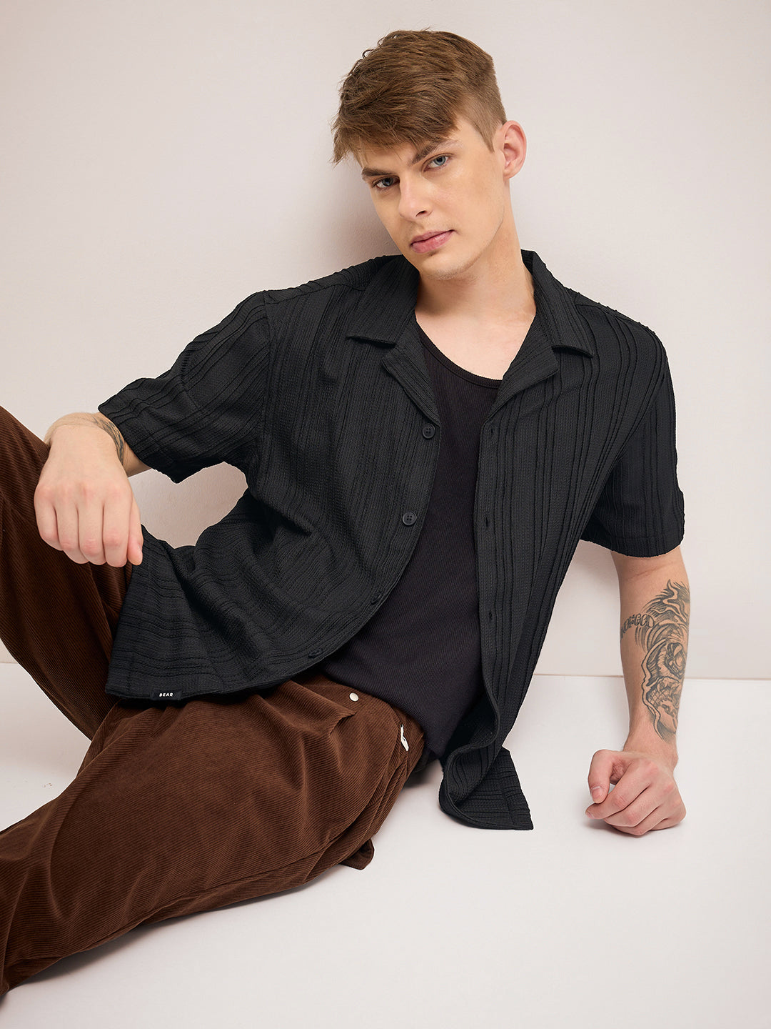 Men Black Self Design Regular Fit Casual Shirt