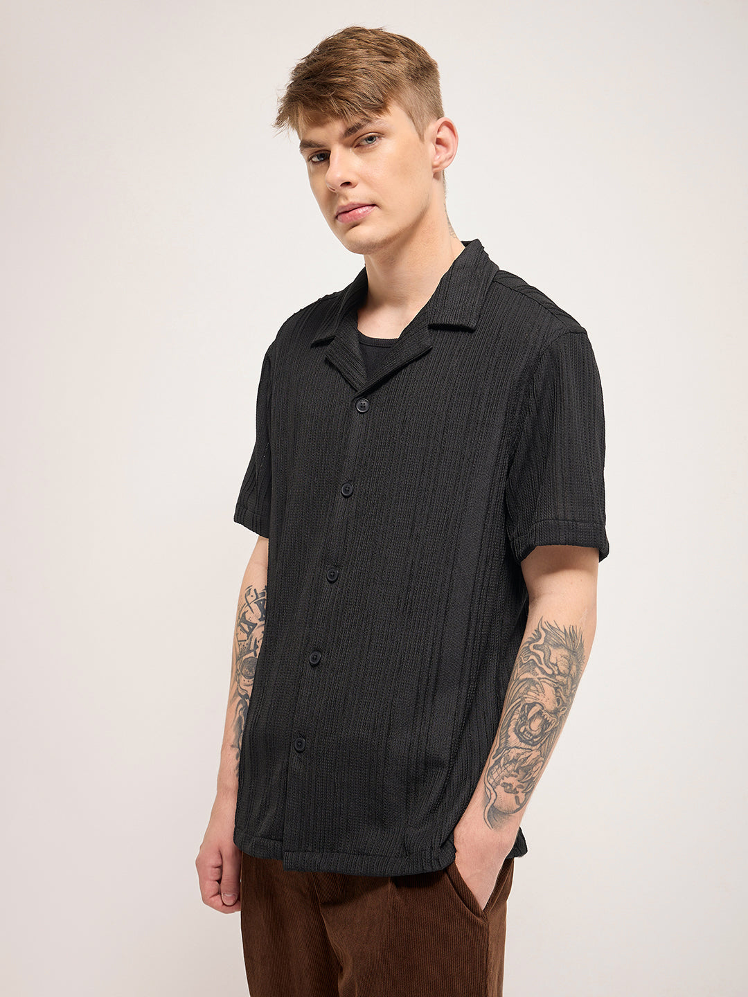 Men Black Self Design Regular Fit Casual Shirt