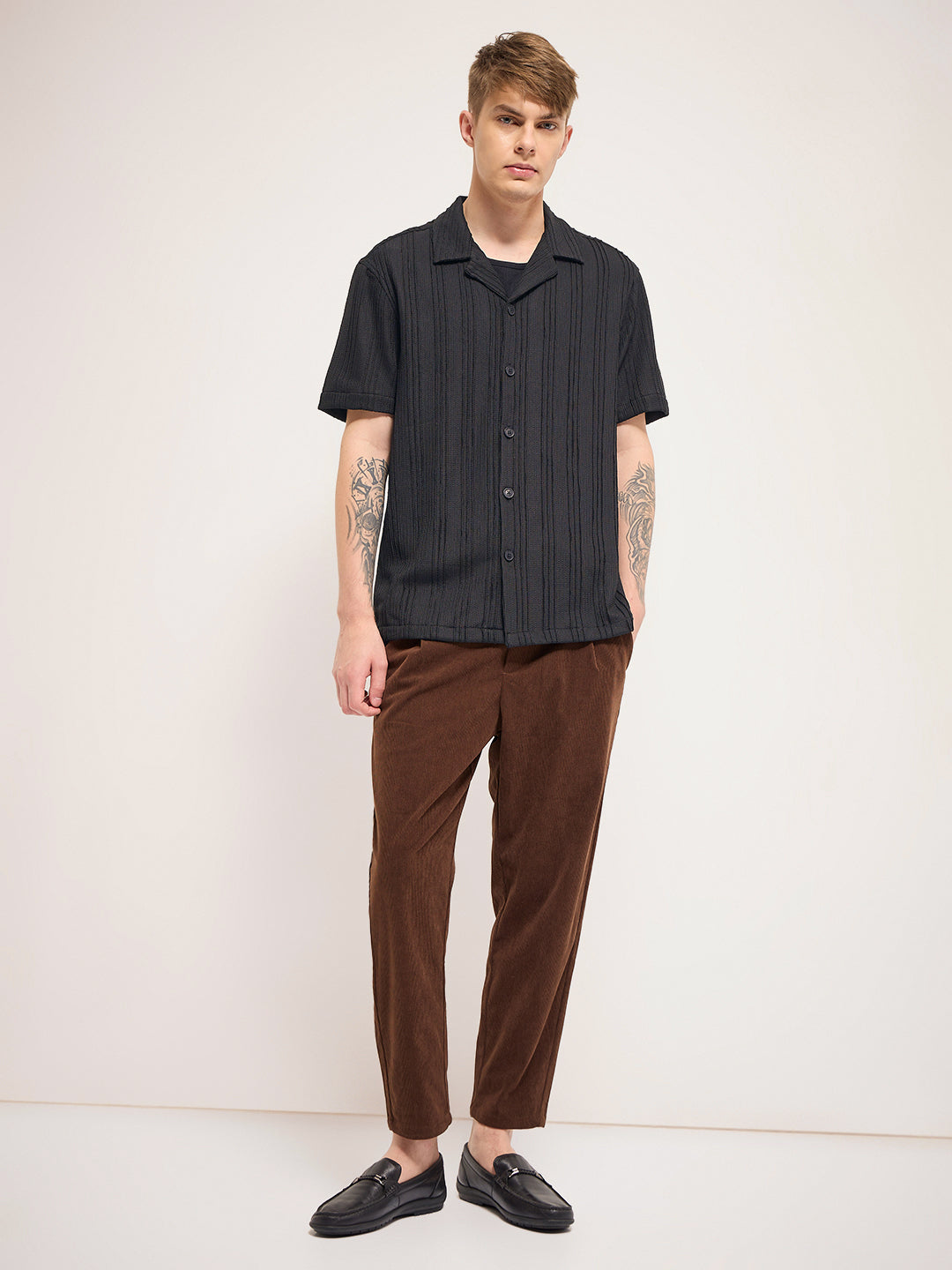Men Black Self Design Regular Fit Casual Shirt