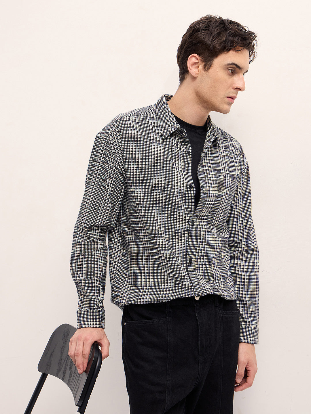 Men Black and White Checked Relax Fit Overshirt