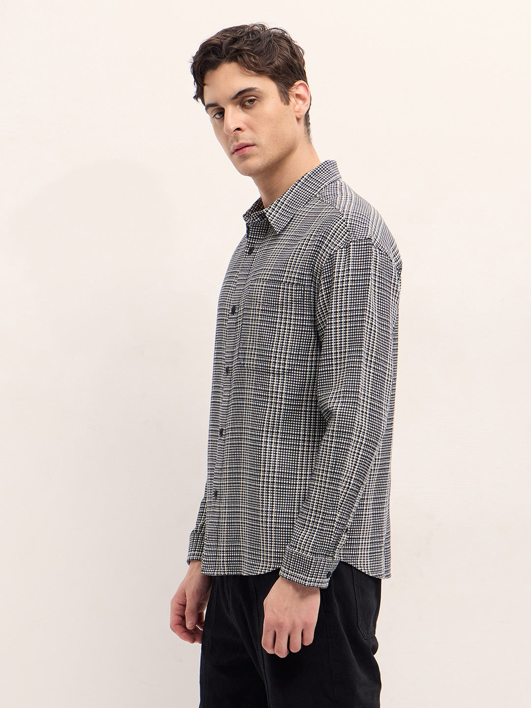 Men Black and White Checked Relax Fit Overshirt