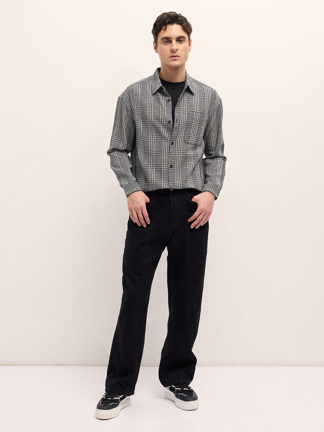 Men Black and White Checked Relax Fit Overshirt