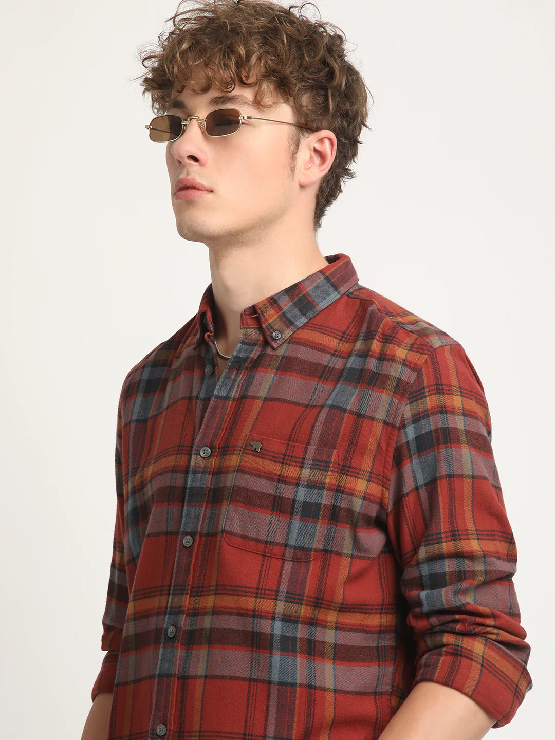 Men Rust Checked Casual Shirt
