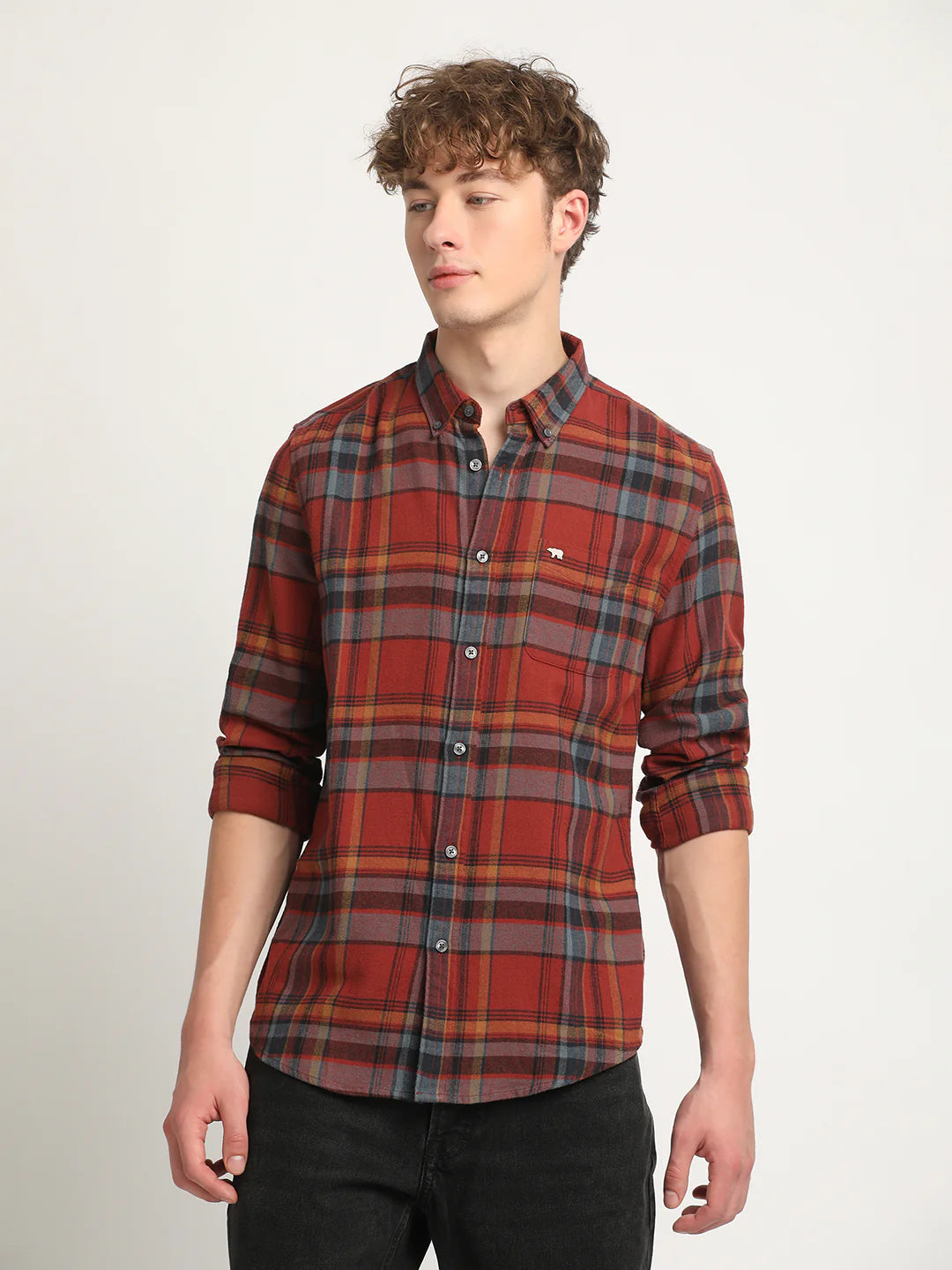 Men Rust Checked Casual Shirt