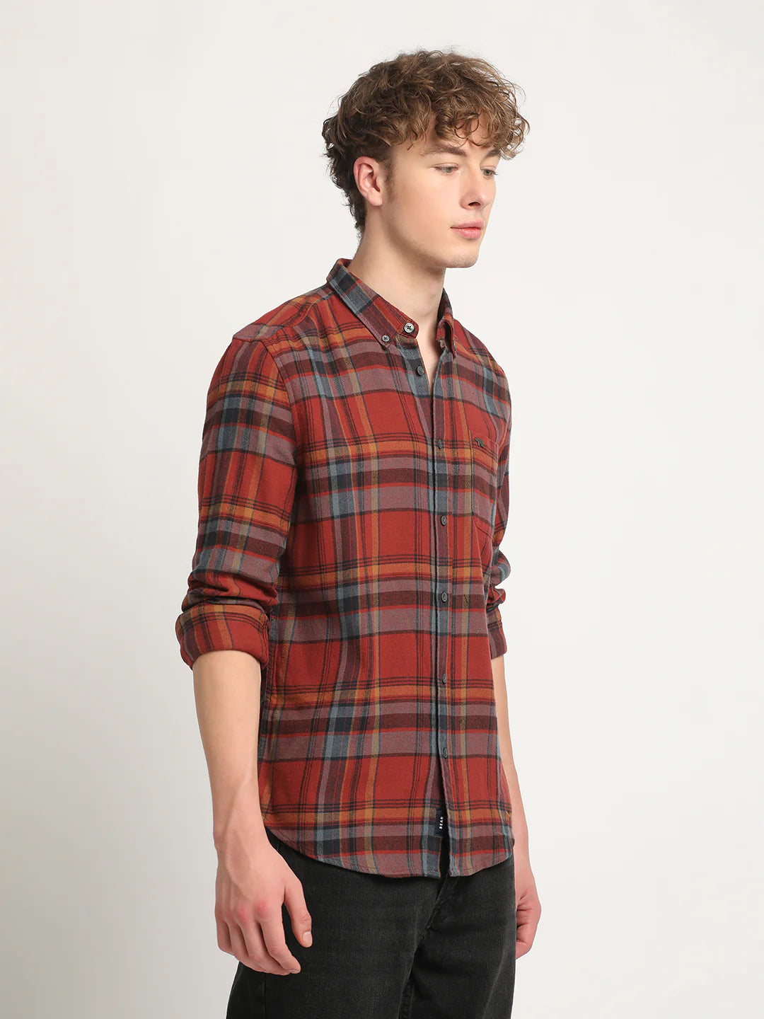 Men Rust Checked Casual Shirt