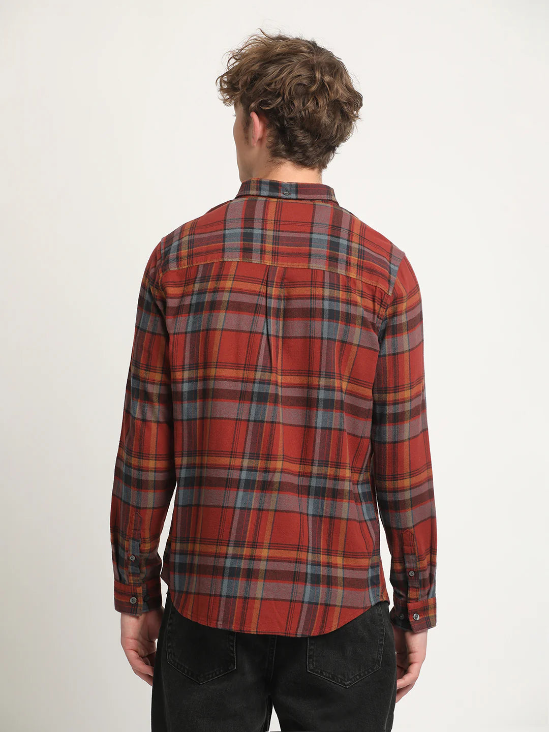 Men Rust Checked Casual Shirt