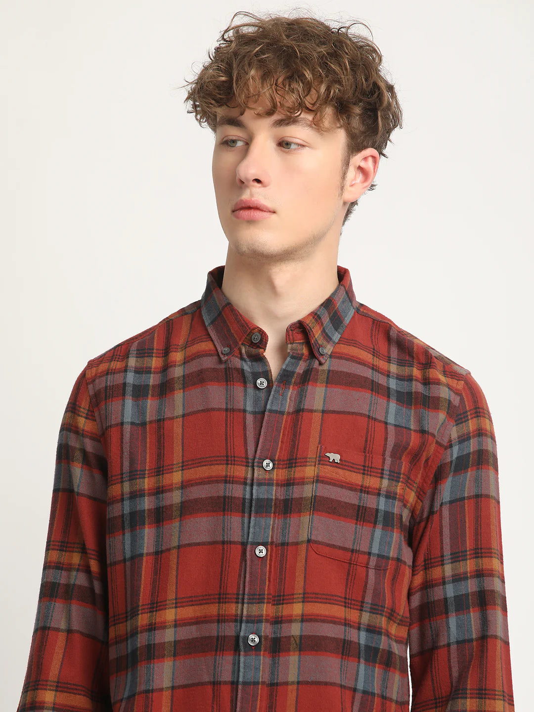 Men Rust Checked Casual Shirt