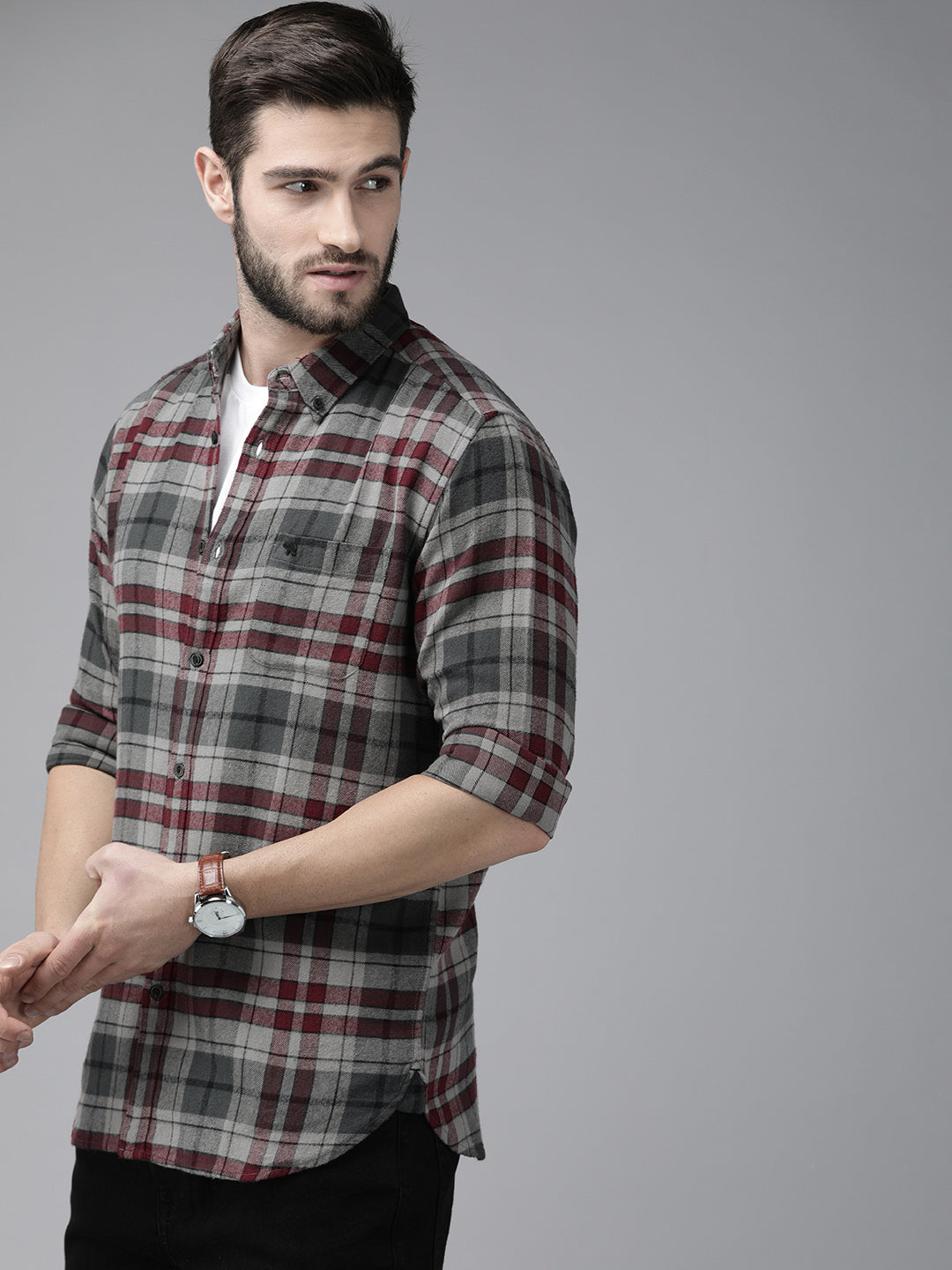 Men Grey Cotton Checked  Shirt