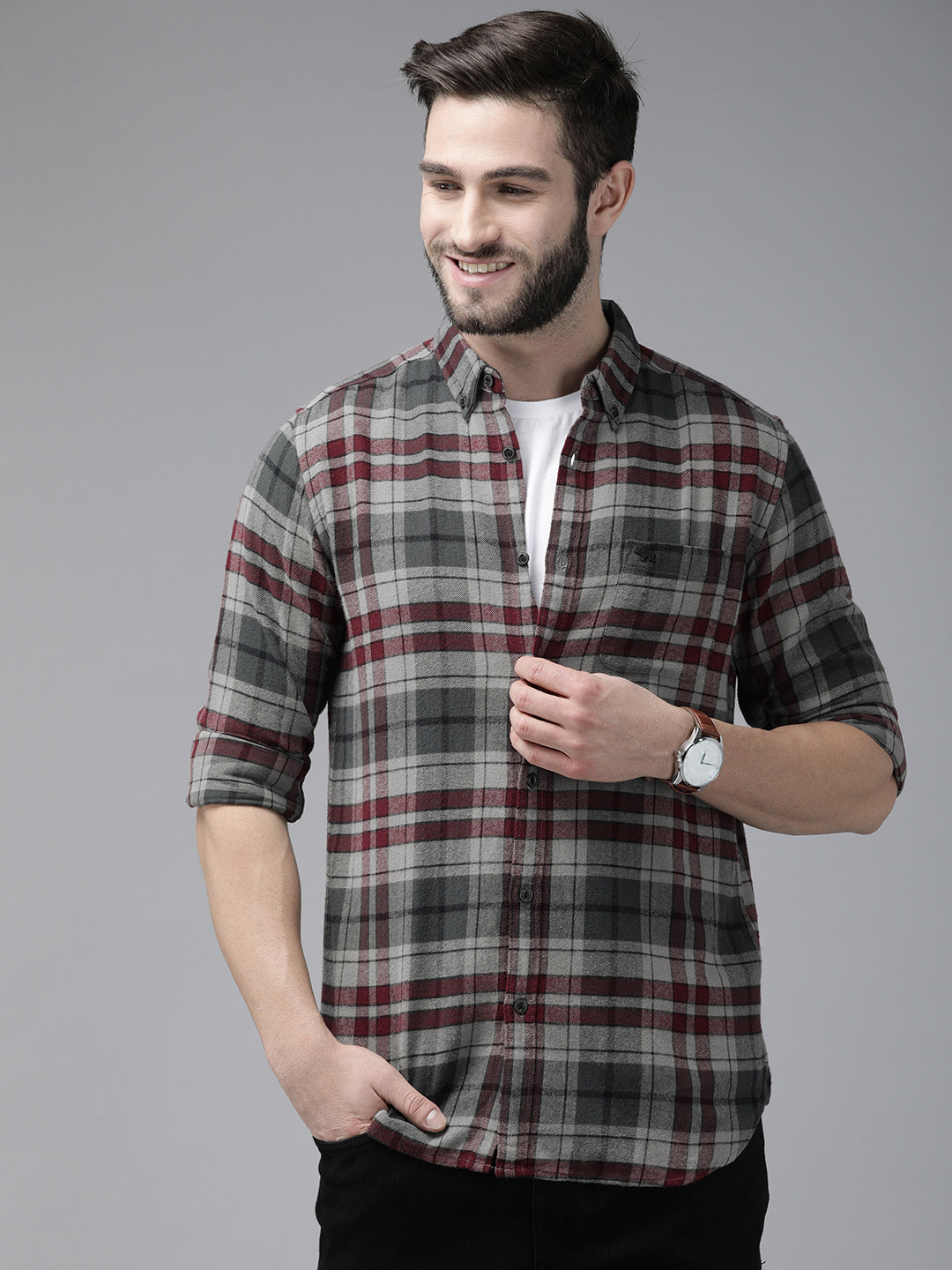 Men Grey Cotton Checked  Shirt