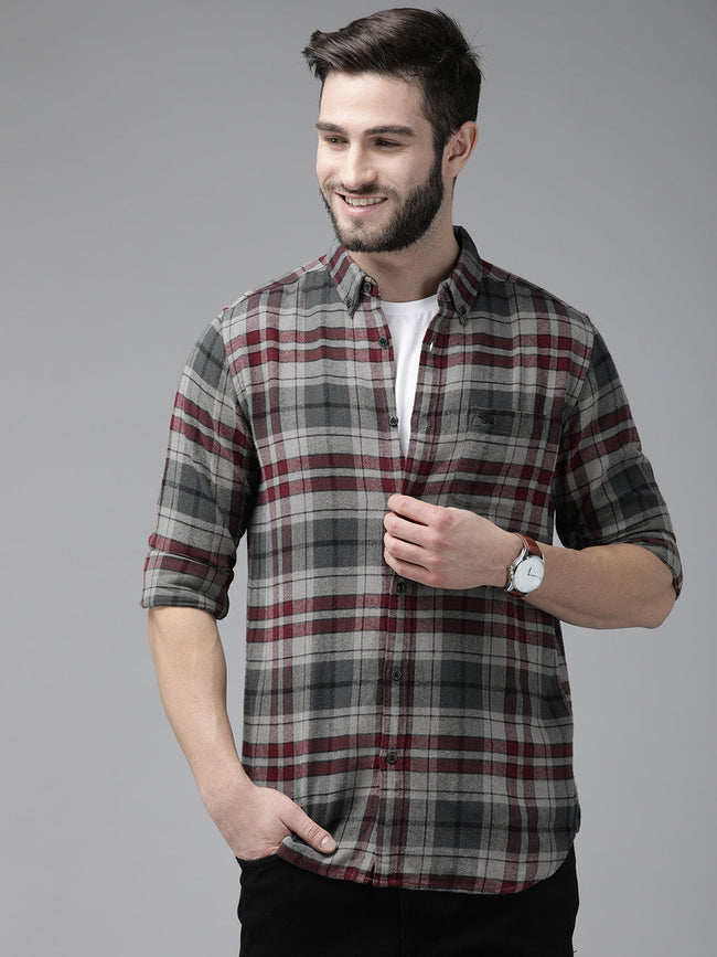 Men Grey Cotton Checked  Shirt