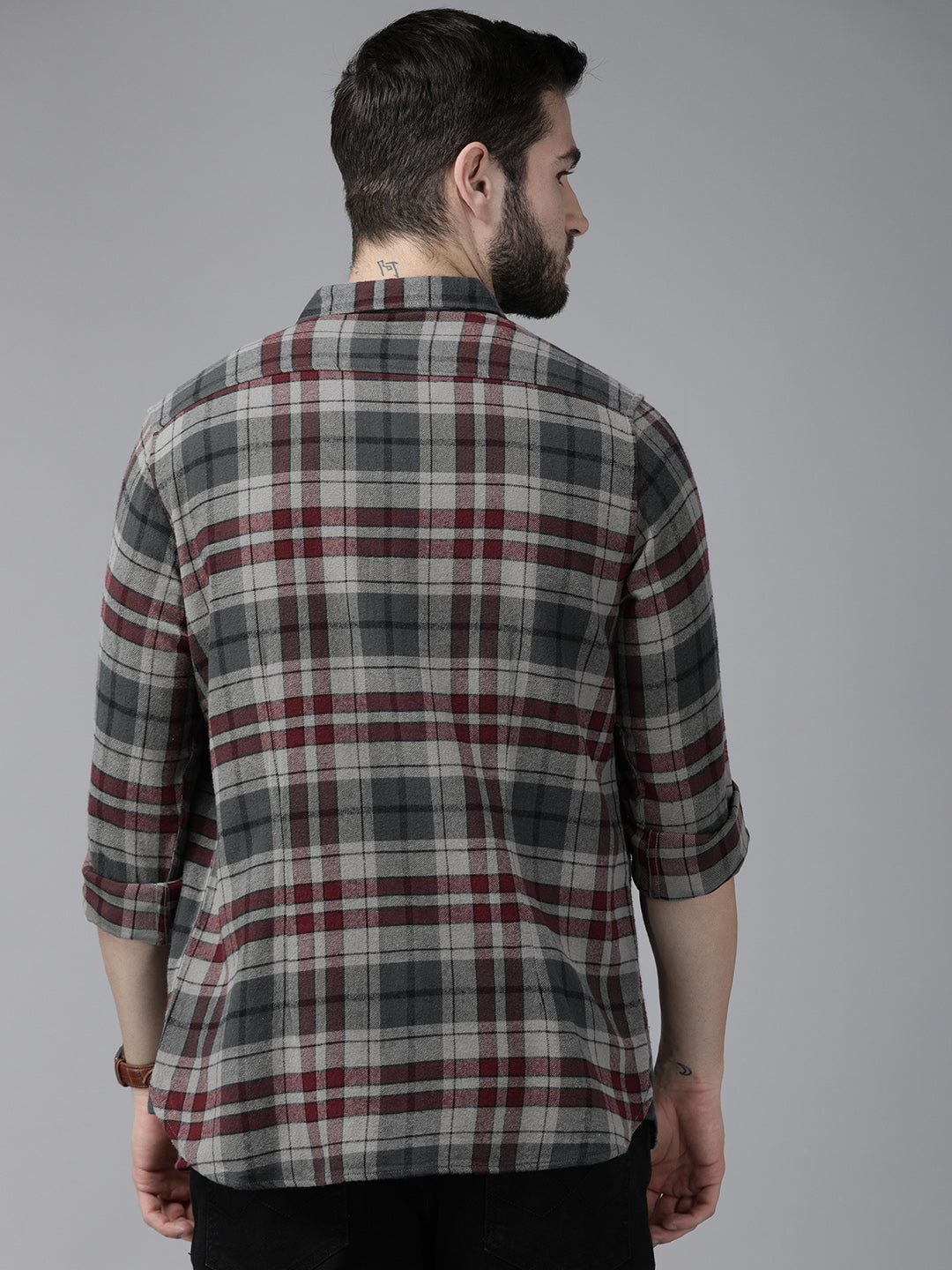Men Grey Cotton Checked  Shirt