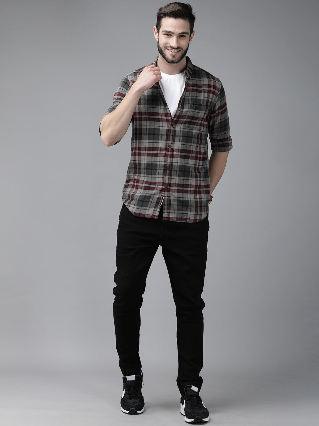 Men Grey Cotton Checked  Shirt