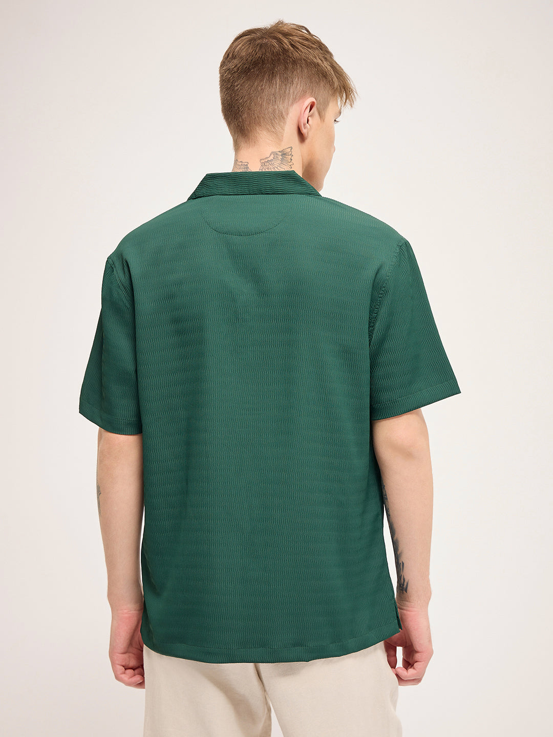 Men Green Self Design Regular Fit Casual Shirt