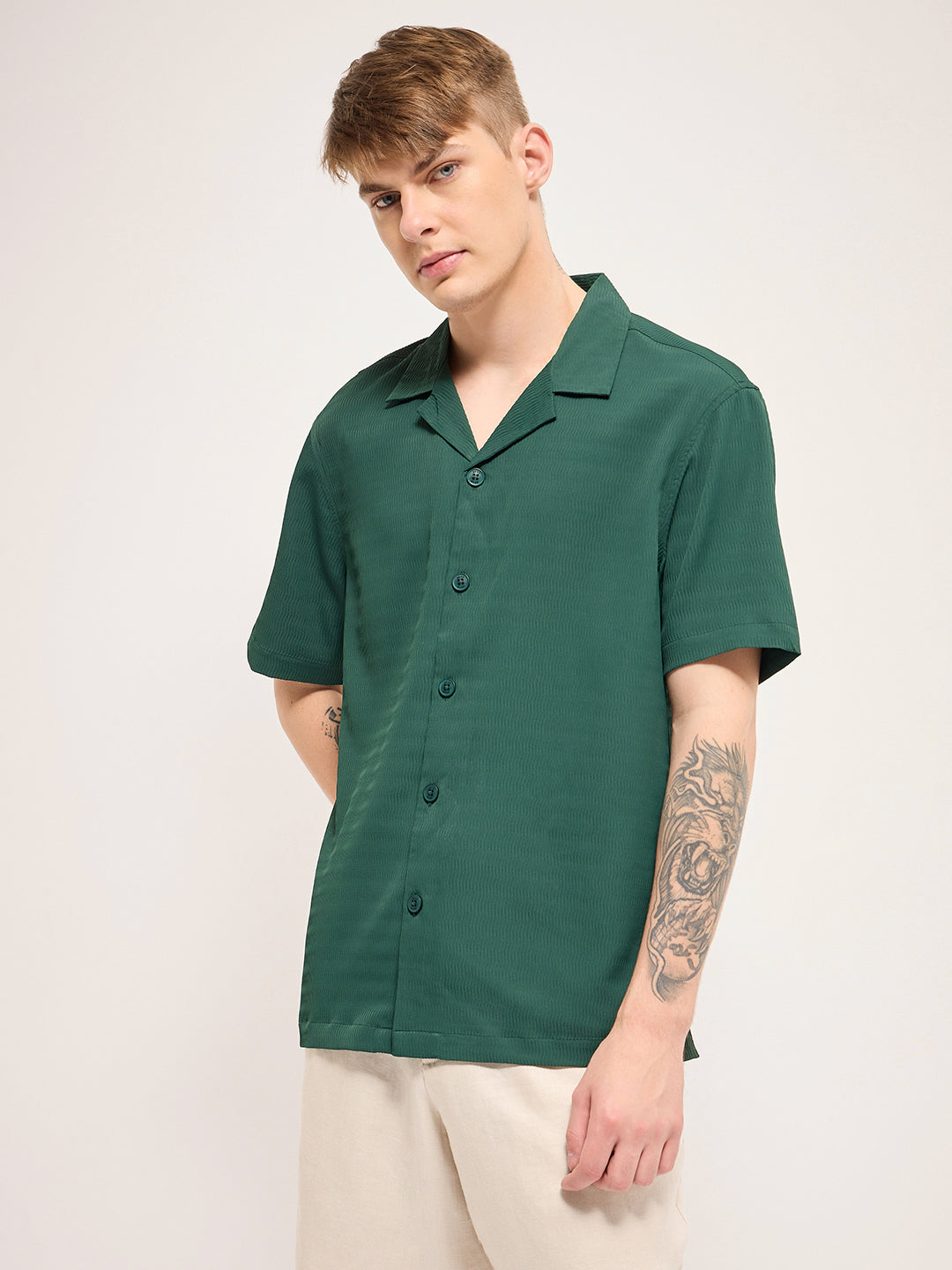 Men Green Self Design Regular Fit Casual Shirt