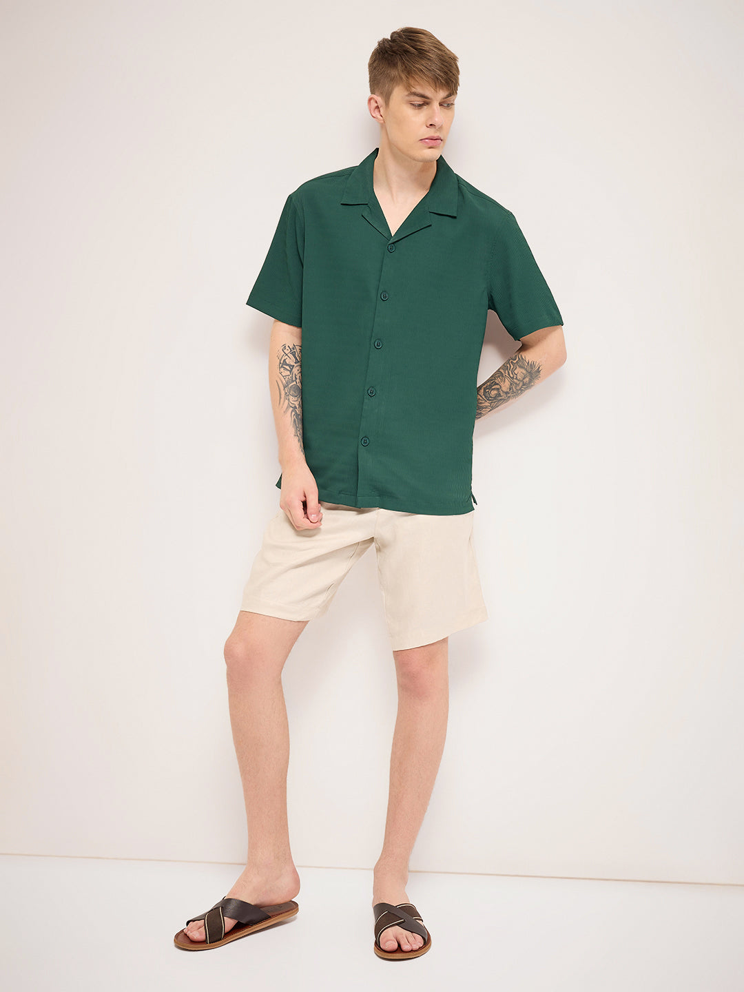 Men Green Self Design Regular Fit Casual Shirt