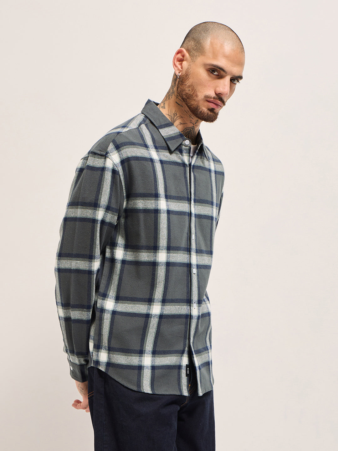 Men Grey Woven Checked Design Relax Fit Overshirt