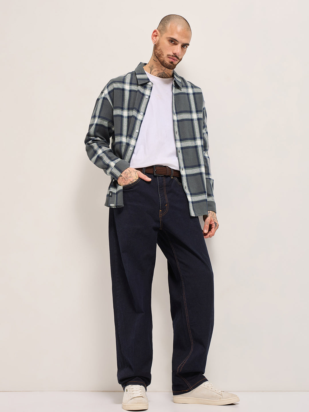 Men Grey Woven Checked Design Relax Fit Overshirt