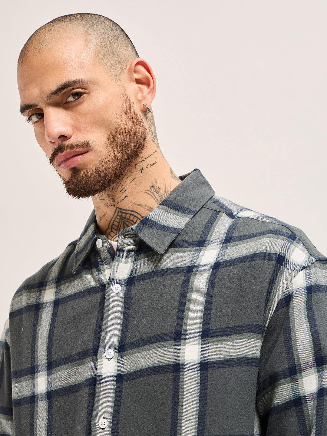 Men Grey Woven Checked Design Relax Fit Overshirt