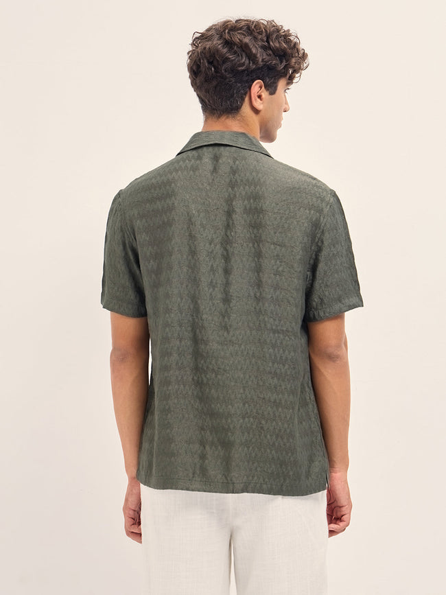 Men Olive Zigzag Textured Weave Relaxed Fit Half Sleeve Casual Shirt