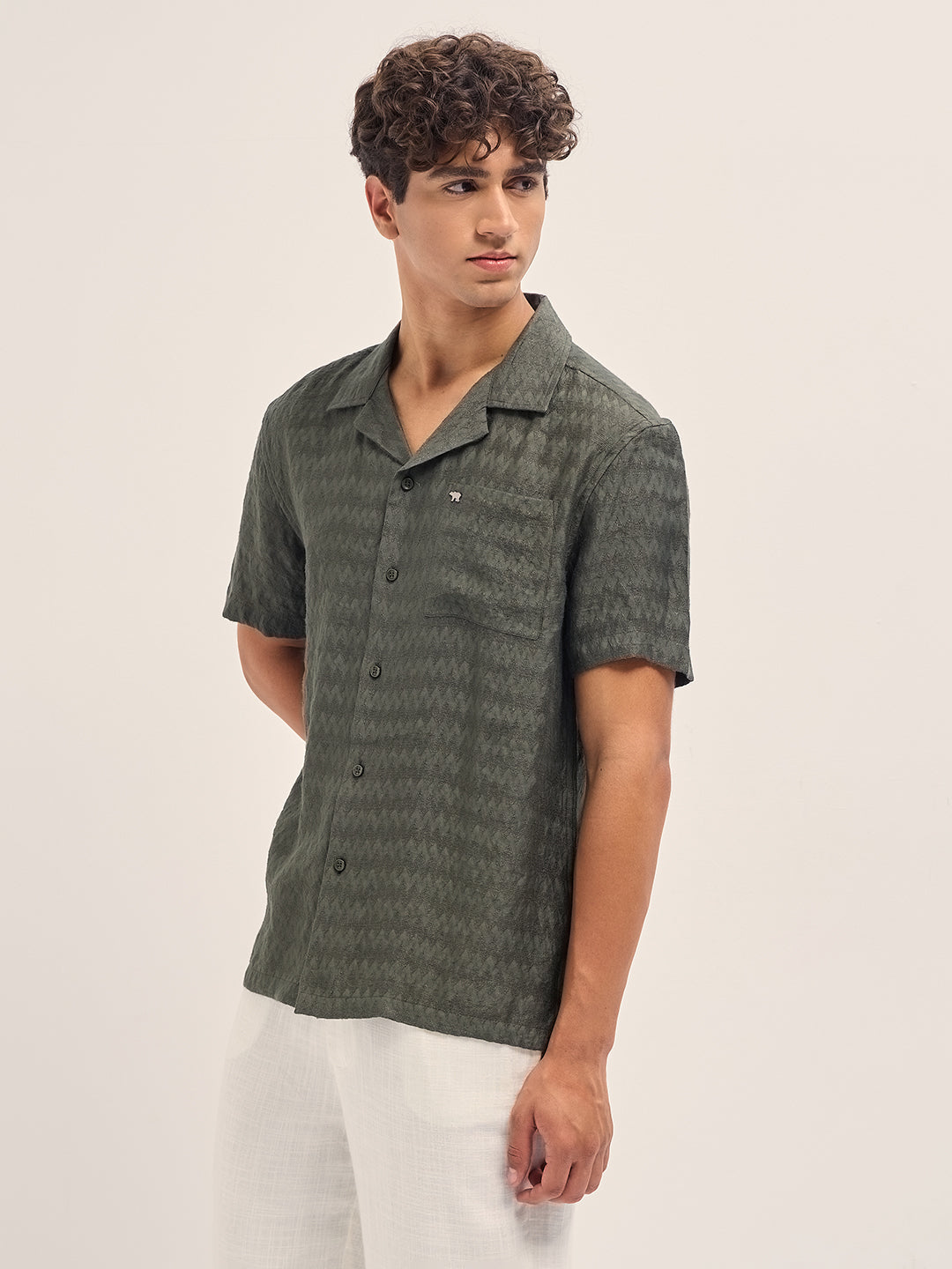 Men Olive Zigzag Textured Weave Relaxed Fit Half Sleeve Casual Shirt
