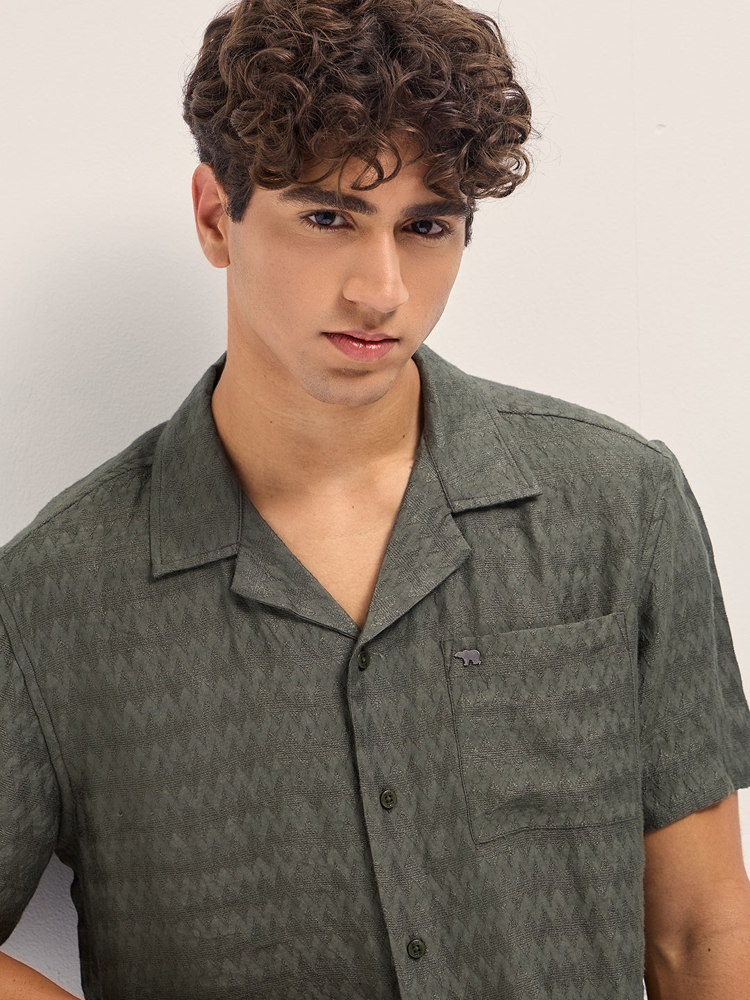 Men Olive Zigzag Textured Weave Relaxed Fit Half Sleeve Casual Shirt