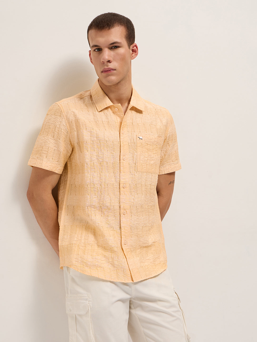 Men Yellow Crinkle Textured Regular Fit Half-Sleeve Casual Shirt