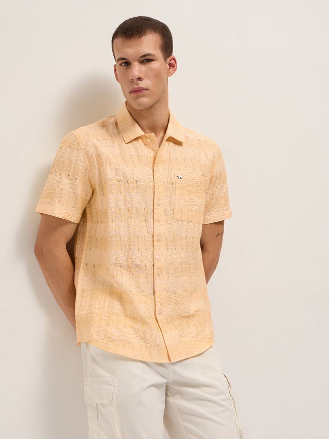 Men Yellow Crinkle Textured Regular Fit Half-Sleeve Casual Shirt