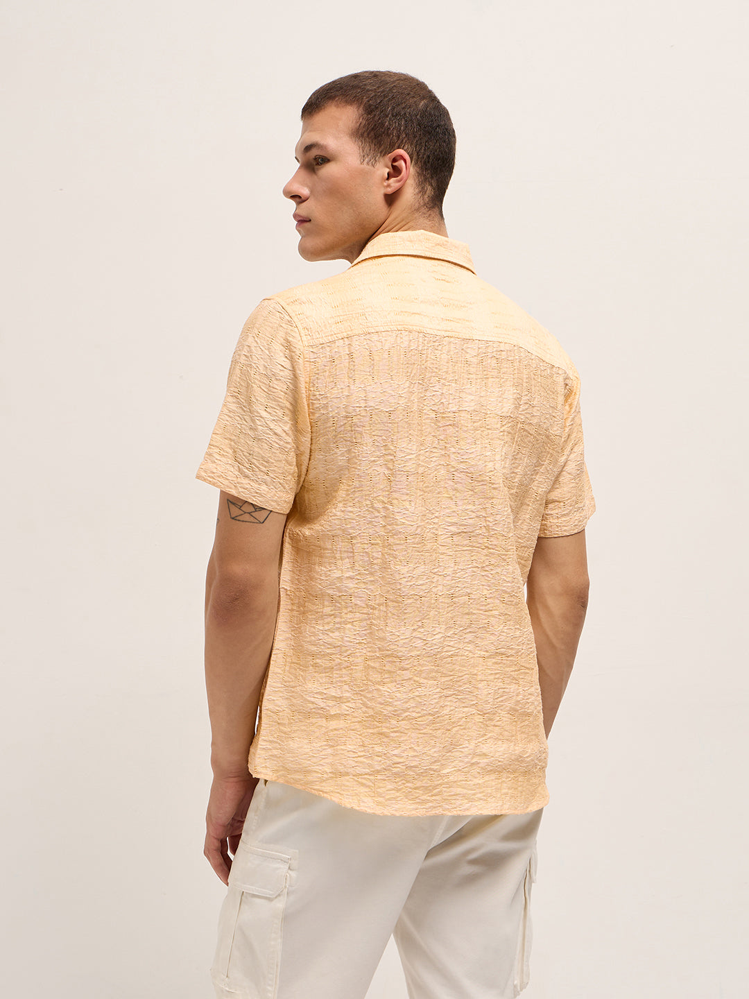 Men Yellow Crinkle Textured Regular Fit Half-Sleeve Casual Shirt