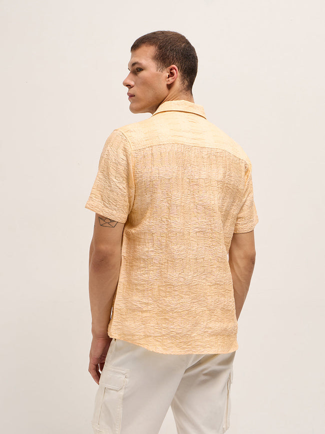 Men Yellow Crinkle Textured Regular Fit Half-Sleeve Casual Shirt