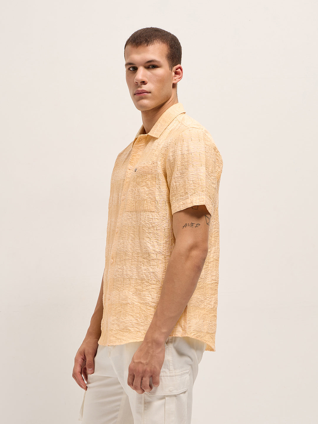 Men Yellow Crinkle Textured Regular Fit Half-Sleeve Casual Shirt