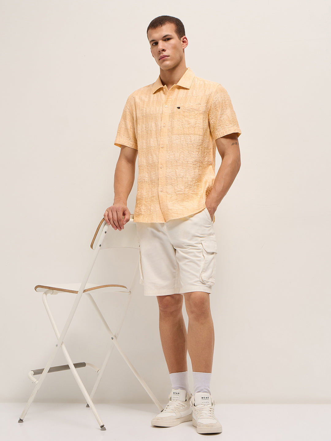 Men Yellow Crinkle Textured Regular Fit Half-Sleeve Casual Shirt