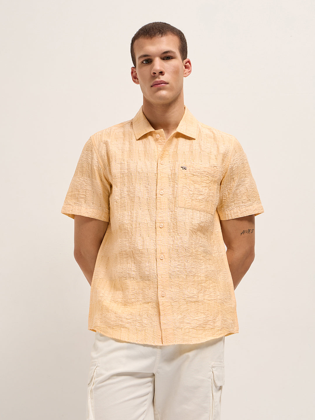 Men Yellow Crinkle Textured Regular Fit Half-Sleeve Casual Shirt